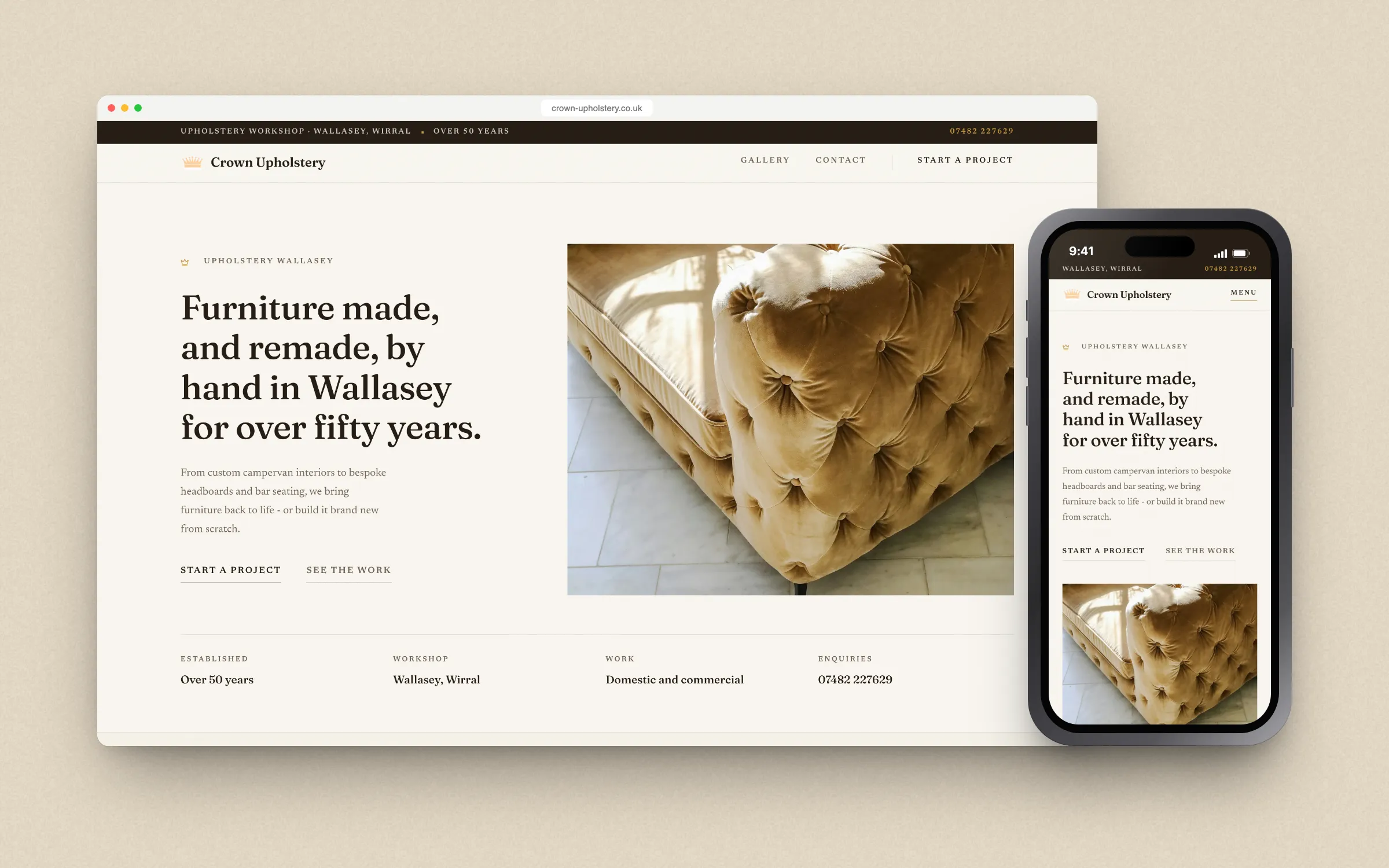 Crown Upholstery on desktop and phone