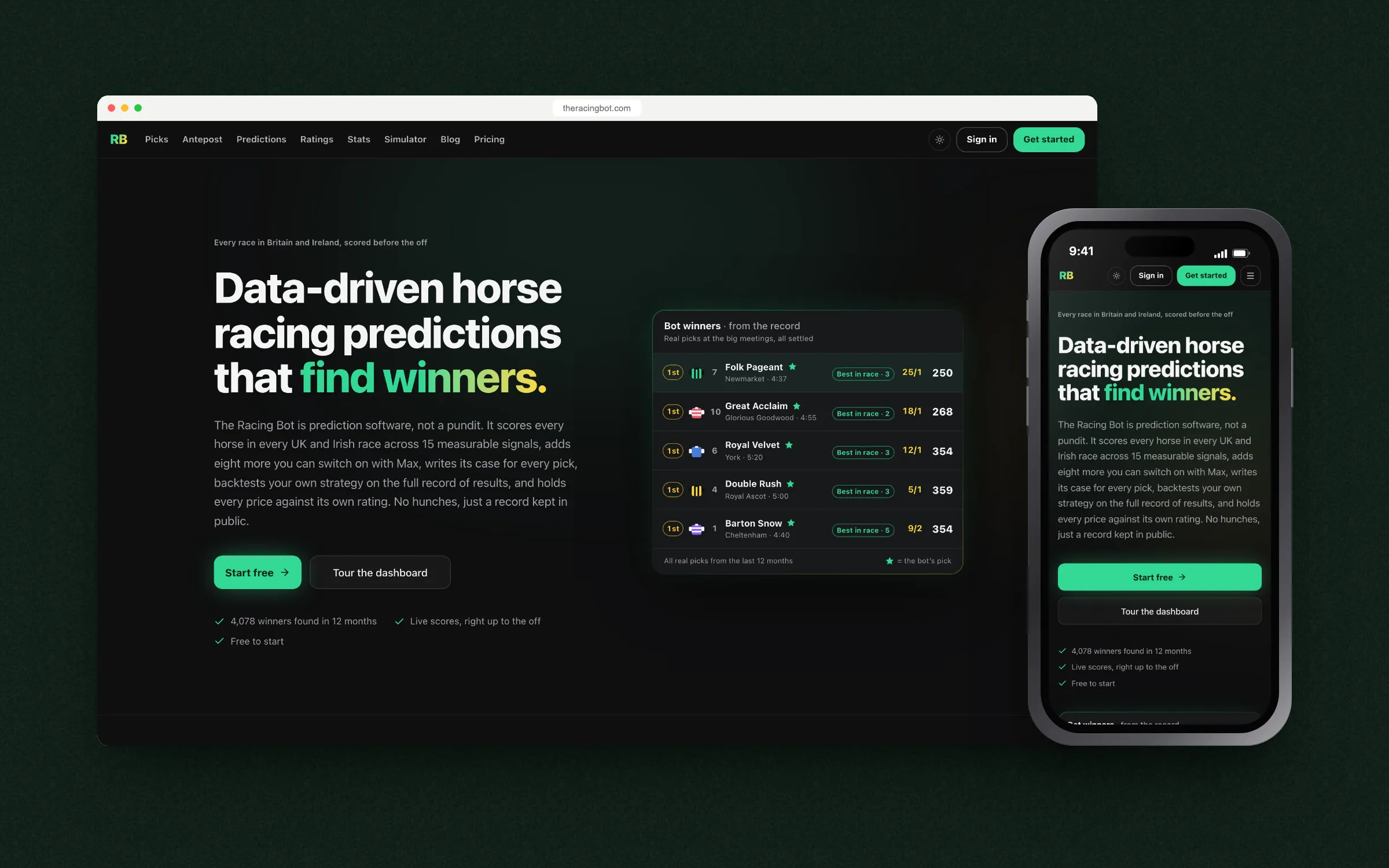 The Racing Bot on desktop and phone