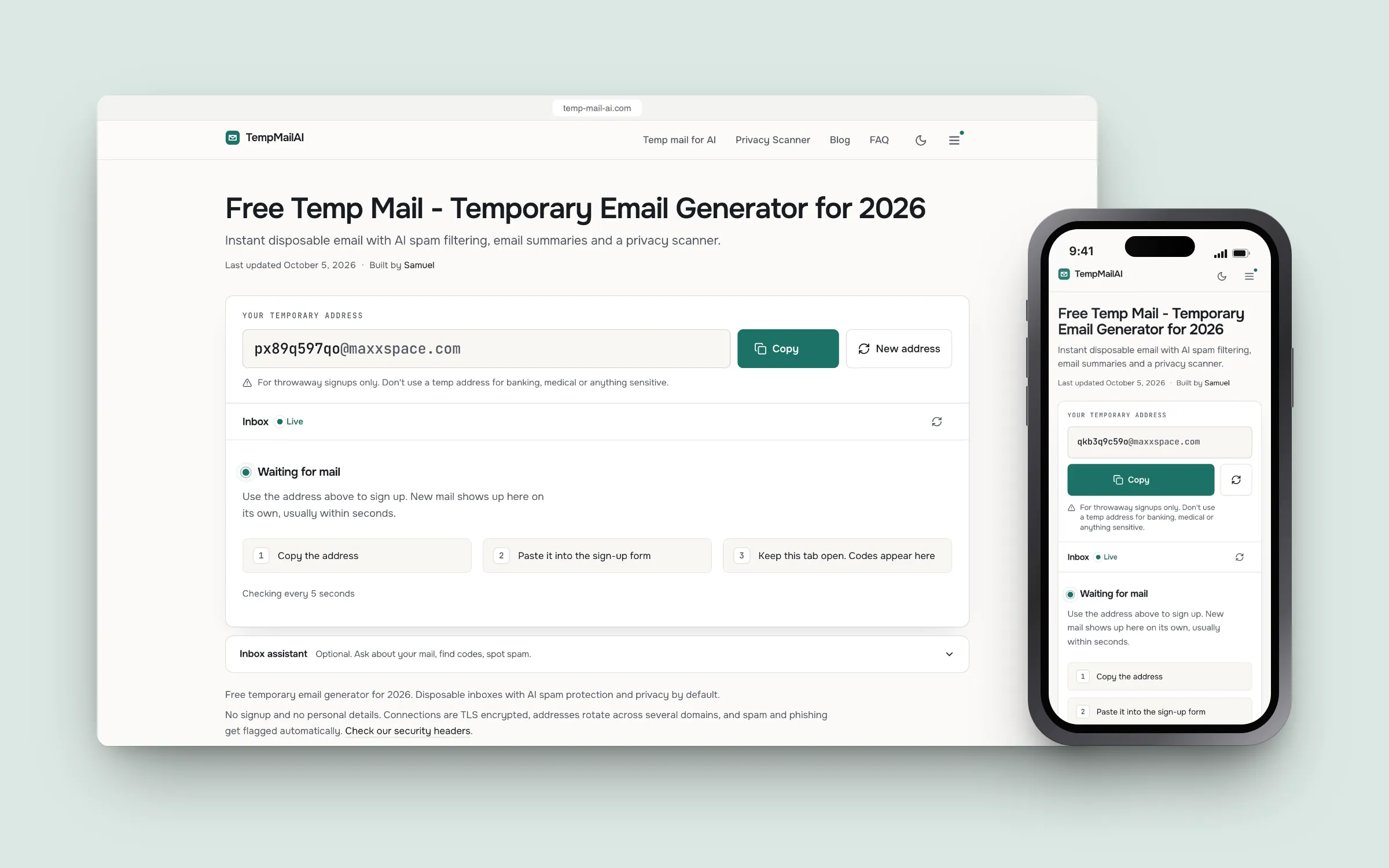 Temp Mail AI on desktop and phone